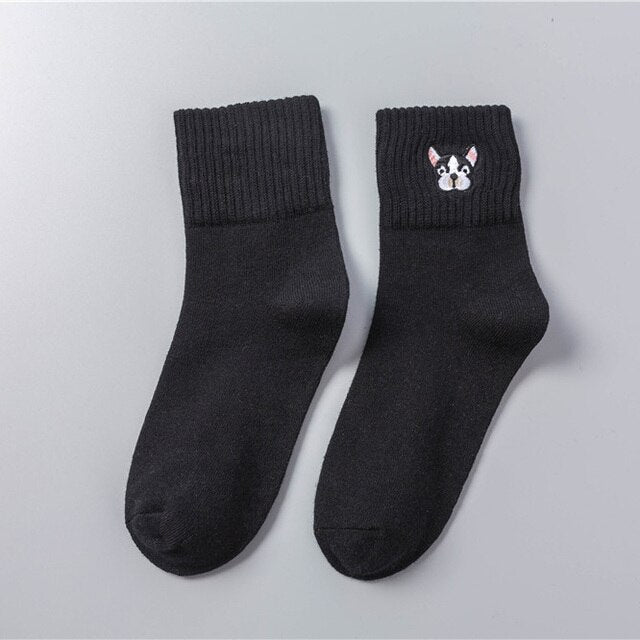 french bulldog embroidery socks black / 35 to 40