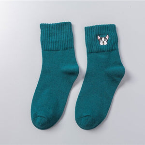 french bulldog embroidery socks green / 35 to 40