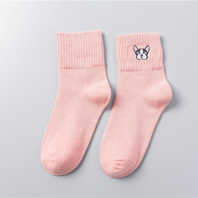 french bulldog embroidery socks pink / 35 to 40